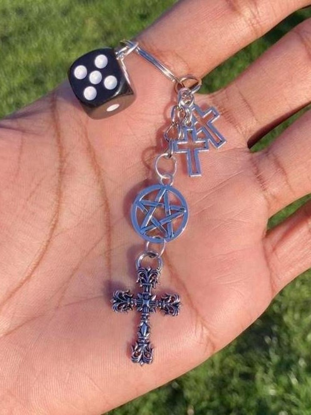 Y2K tribal silver crosses pentagram and black dice keychain , Gothic Punk